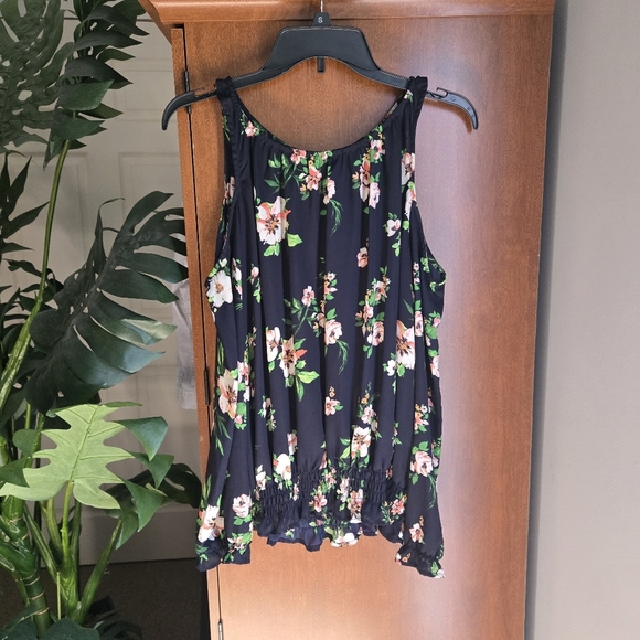 Floral Cold Shoulder Top - Blue With Pink Flowers - Picture 1 of 3